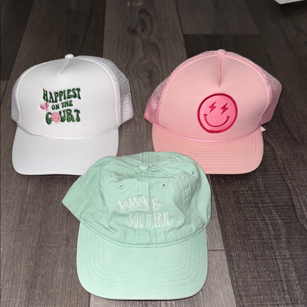Trendy Graphic hats Set - White, Pink, Mint